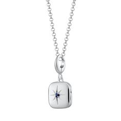 Whisper a wish to the stars with this celestial locket necklace. This enchanting pendant features a single, sparkling deep blue cubic zirconia nestled in the centre of a beautifully faceted star, crafted from recycled sterling silver. Open the locket to reveal a hidden compartment, perfect for tucking away a cherished memento or a tiny photo.  Wear this starry treasure close to your heart, a constant reminder of your dreams and a connection to the magic of the night sky.  All our charms attach with a clip-on clasp and are compatible with all other leading charm jewellery brands. Simply clip-on or slide-on to a chain, charm bracelet or charm carrier necklace.  All Lily Charmed jewellery comes presented in a beautiful gift box hand tied with ribbon. Material: 100% Recycled 925 Sterling Silve Elegant Blue Jewelry With Star Charm, Sterling Silver Pendant Locket Necklace With Birthstone, Sterling Silver Birthstone Pendant Locket Necklace, Sterling Silver Necklace With Star Charm Pendant, Elegant Blue Star Charm Jewelry, Elegant Blue Necklace With Star Charm, Blue Round Pendant Jewelry With Star Charm, Sterling Silver Celestial Charm Necklaces, Blue Pendant Necklace With Star Charm