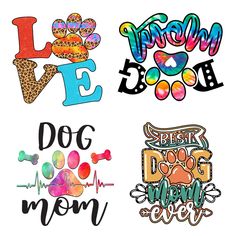 four different types of stickers with the words love, best dog mom and more