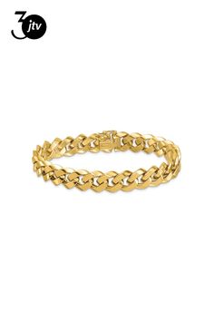 14K yellow gold polished finish curb chain link bracelet. Measures approximately 8"L x 7/16"W and fastens with box catch clasp. Classic Cuban Link Bracelet, Tarnish Resistant, 14k Yellow Gold Cuban Link Bracelet, Classic Cuban Link Bracelet With Chunky Chain, Classic Gold Bracelet With Chunky Chain, Formal Cuban Link Bracelet With Chunky Chain, Formal Cuban Link Chunky Chain Bracelet, Formal Chunky Cuban Link Bracelet, Classic Cuban Link Chunky Chain Bracelet, Classic Chunky Cuban Link Chain Bracelet