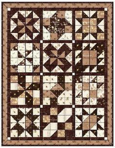 a brown and white patchwork quilt with an old fashioned design on the bottom half