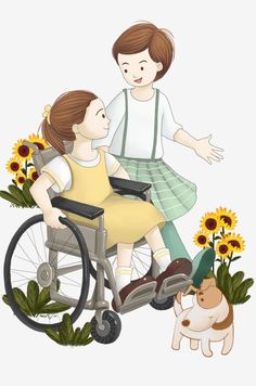 a woman in a wheel chair with a child on her lap and sunflowers behind her