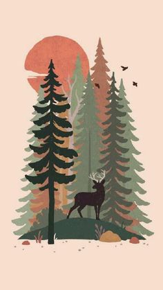 a deer standing in the middle of a forest with pine trees and birds flying around