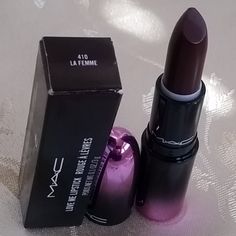 Mac Love Me Lipstick La Femme. Brand New In Box, But As You Can See The Tip Of The Bullet Is Chipped Off Slightly, That Is How It Was When I Bought It, Not Used At All, It's New. Violet Lipstick Makeup, Dark Makeup Products, Mac Makeup Lipstick, Mac Love Me Lipstick, Violet Lipstick, Mac Lipstick Shades, Dark Makeup Looks, Cream Lip Stain, Makeup Mac