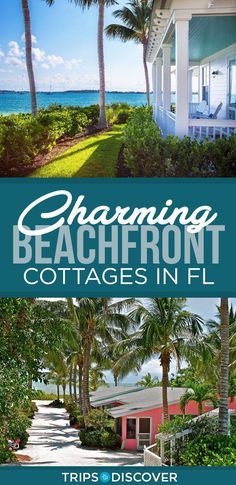 the cover of charming beachfront cottages in fl, with palm trees and blue sky