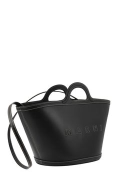 Black large Tropicalia tote bag from MARNI featuring black, calf leather, logo print to the front, single shoulder strap, main compartment, two top handles, internal logo patch, gold-tone hardware and hook-clip fastening.SizeAndFit: DEPTH: 20.0 CentimetresHANDLE: 5.0 CentimetresHEIGHT: 20.0 CentimetresSTRAP: 46.0 CentimetresWIDTH: 42.0 Centimetres Gender: WOMENMaterial: 100% CALFColor: BLACKMade in: ITProduct ID: BMMP0097U0 LV589 00N99*Import tax/duty will be calculated at checkout (If applicabl Leather Satchel With Logo And Top Handle, Leather Top Handle Satchel With Logo, Black Top Handle Shoulder Bag With Logo, Black Leather Satchel With Logo, Black Top Handle Satchel With Logo, Designer Top Handle Satchel With Logo, Leather Tote Shoulder Bag With Logo, Everyday Leather Shoulder Bag With Logo, Designer Tote Bag With Logo