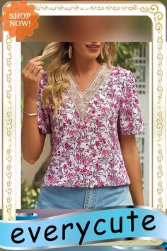 Purplish Red V Neck Floral Chiffon Short Sleeve Tees Casual Floral Print V-neck Top For Summer, Casual Short Sleeve V-neck Top With Floral Print, Printed V-neck Rayon Tops, Floral Print Chiffon V-neck Top, Red Floral Print Short Sleeve T-shirt, Chiffon Shorts, Floral Chiffon, Women Tops, Short Sleeve Tee