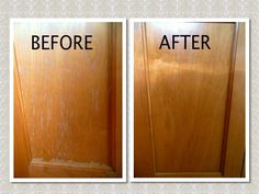 before and after pictures of wood doors with white stains on them, the door is brown