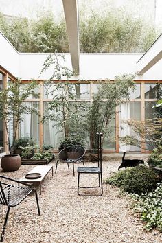 two pictures of the inside of a house with plants and chairs in it, one is empty