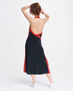 Scarlet Silk Navy Halter Dress with Red Stripe Details | rag & bone Chic Red Halter Dress With Spaghetti Straps, Chic Red Halter Neck Backless Dress, Red Halter Dress For Summer Formal, Red Halter Dress For Summer Formal Events, Stretch Halter Neck Slip Dress, Chic Red Backless Slip Dress, Chic Red Halter Dress For Formal Occasions, Chic Red Bias-cut Dress, Chic Red Bias Cut Dress