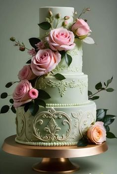 a three tiered wedding cake with pink flowers on the top and green icing