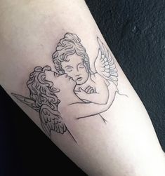 a tattoo on the arm of a woman with an angel holding a flower in her hand