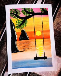 a painting of a sunset with a swing in the foreground and a rock outcropping to the right