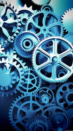 several gears are shown in the shape of an abstract background with blue hues and shadows