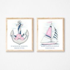 two framed pictures with sailboats and pink roses on the bottom, one has an anchor