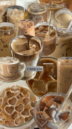 there are many different types of drinks on the table together, including iced coffee and hot chocolate