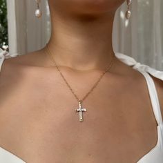 Saving Grace CZ Cross Necklace – TBJ White Cross Pendant Necklace With Clavicle Chain, White Cross Necklace With Clavicle Chain, Elegant Cross Necklace With Adjustable Chain, White Cross Necklace With Adjustable Chain, Clavicle Chain Cross Necklace, Saving Grace, Neutral Aesthetic, Body Shots, Saved By Grace