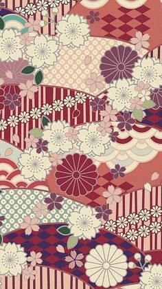 an abstract pattern with flowers and stripes in red, pink, purple and white colors