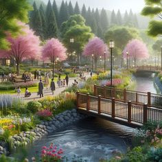 an artist's rendering of a park with people walking and sitting on the benches