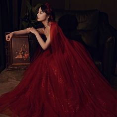 Red Tulle Wedding Dress, Crimson Prom Dress, Wine Red Wedding Dress, Fantasy Gowns Red, Deep Red Tulle Dress, Dark Red Fantasy Dress, Dark Red Ball Gown, Red Gown Fantasy Aesthetic, Red Fantasy Ballgown