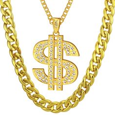 PRICES MAY VARY. Hip Hop Jewelry Set: Come with 1 x dollar sign pendant necklace chain, 1 x small fake gold plastic chain which can perfectly match your hip hop outfit. High Quality Material: The rapper chain costume is made of alloy and plastic with long lasting gold plating which are stable, strong and durable. Adjustable Size: The fake gold money chain length is 70cm ( 27.6in ), the dollar pendant size is 7.1cm x 5.6cm ( 2.8in x 2.2in ), the acrylic fake gold chain length is 70cm ( 27.6in ), Gold Metal Necklaces For Streetwear, Big Gold Chains, Money Necklace, 90s Costume, Hip Hop Chains, Gold Costume, Fake Money, Gold Money, Dollar Sign