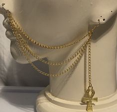 "Silver or gold ankh and 3 strand nose to ear chain made with curb chain, ornate ankh, jump rings and fish hook ear wire. Choose between (standard) nostril piercing or septum piercing. The nose chain measures a little over 5\" (6\" for septum) for the shortest chain and the longest chains is about 7\" (8\" for septum). Nose Hoop Options: No nose hoop (if you already have a hoop you want to use with it). 1 Seamless 8mm hoop in 20g, 18g or 12g (Picture #4). 1 Non-Pierced Illusion Hoop for a non-pi Nose Chain To Ear, Nose Ring Chain To Ear, Nose Ring To Ear Chain, Nose Ear Chain, Nose To Ear Chain Jewelry, Ear To Nose Piercing Chain, Nose Chain Piercing Aesthetic, Ear To Nose Chain, Nose Chain Piercing