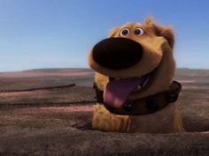 a cartoon dog with its tongue out and mouth wide open, sitting in the desert