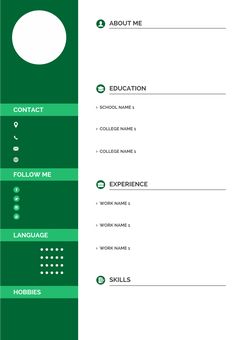 a green and white resume template with icons on the front, side, and back