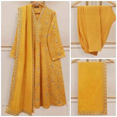 "Embrace the festivities of the season in style with mustard three-piece accented with intricate embroidery. Our exquisite suit is crafted in khaddar fabric, embodying elegance and grace. The ensemble is paired with dupatta & Pant. Length: 44\" Dupatta Fabric: Khaddar Pants Fabric : Khaddar" Yellow Semi-stitched Raw Silk Kurta, Yellow Raw Silk Salwar Kameez With Chikankari Embroidery, Yellow Chikankari Embroidery Raw Silk Salwar Kameez, Yellow Anarkali Set With Dabka In Traditional Drape, Yellow Unstitched Raw Silk Kurta, Yellow Mulmul Sharara With Traditional Drape, Yellow Raw Silk Anarkali Set With Dabka Work, Yellow Raw Silk Kurta With Dabka Detailing, Yellow Raw Silk Kurta With Dabka