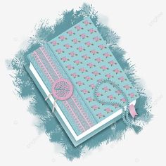 a blue book with pink flowers on it and a ribbon around the cover is surrounded by feathers