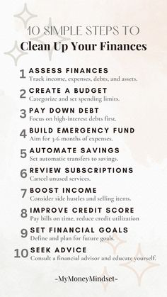 the 10 simple steps to clean up your finances info sheet is shown in this image