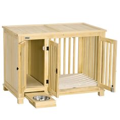 a small wooden dog crate with its door open to reveal a bed and water dish