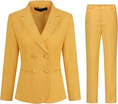 a women's yellow suit and pants with buttons on the lapel is shown