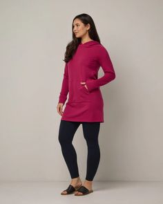 Everett Merino Wool Hoodie Tunic - Beetroot - wool& Hooded Fall Activewear For Lounging, Hooded Athleisure Activewear For Lounging, Comfy Fall Sports Activewear, Casual Long Sleeve Activewear For Lounging, Comfy Activewear With Drawstring Hood For Workout, Fall Comfy Activewear, Fall Solid Activewear For Lounging, Fall Lounging Solid Activewear, Comfy Fall Activewear For Sports