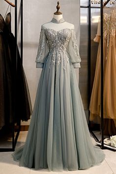 Long Grey Flowy Tulle Prom Dress With Appliques Gaun Tulle, Long Party Dress, Backless Prom Dresses, A Line Prom Dresses, Dress A Line, Formal Gown, High Neck Long Sleeve, Tulle Prom Dress, Dress Silhouette