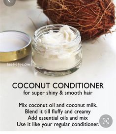 Homemade Hair Conditioner, Diy Conditioner, Handmade Shampoo, Coconut Conditioner, Smooth Shiny Hair, Homemade Shampoo, Natural Conditioner, Homemade Hair