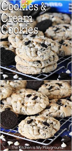 chocolate chip cookies and cream cookies on a cooling rack