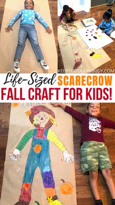 two children laying on the floor with their drawings and text overlay that says life - sized scarecrow fall craft for kids