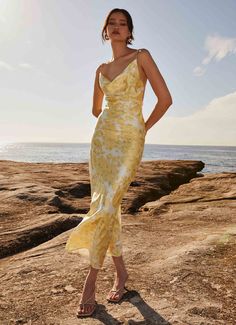 Coastal Escape Satin Maxi Dress - Daffodil Yellow Print Dress, Brunch Dresses, Rush Outfits, Tie Up Heels, Long Sleeve Knit Dress, Satin Maxi, Beige Dresses, Satin Maxi Dress, Strapless Tops