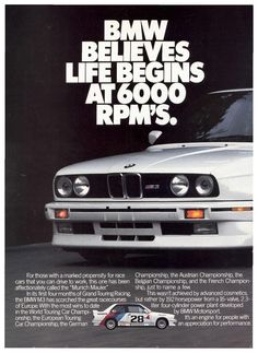 an advertisement for bmw's life begins at 6000 rpm's, featuring a white car