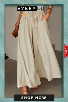 Drawstring Smocked High Waist Wide Leg Pants Wide Leg Pants For Summer Vacation, Wide Leg Drawstring Pants For Day Out, Vacation Wide Leg Pants With Drawstring, Non-stretch Wide Leg Pants With Pockets For Vacation, High Waist Drawstring Pants For Beach, High Waist Drawstring Vacation Pants, High Waist Drawstring Pants For Vacation, Solid Wide Leg Beach Pants With Drawstring, Chic Wide Leg Beach Pants With Drawstring