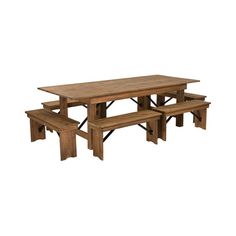 a wooden picnic table with benches on the bottom and one bench up against it's back