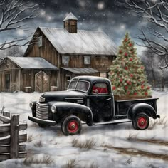 an old black truck with a christmas tree in the back is parked near a barn