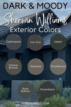 A dark paint color for your home exterior is both bold and classic, and it will always be my personal recommendation. Click the link to see my very favorite Sherwin Williams colors for dark and moody exteriors. Here you'll see these colors in real home exteriors!  Cyberspace, Iron Ore, Jasper, Porpoise, Urbane Zone, Greenblack, Thunderous and Rock Bottom.  I hope this post gives you some amazing exterior design inspo! Dark Paint Interior Design, Dark Charcoal House Exterior White Trim, Dark Stain House Exterior, Best Dark Exterior House Colors, Ski House Exterior Colors, Black Exterior Door Colors, Gentek Siding Colors Iron Ore, Repaint Exterior House, Iron Ore Stucco Exterior