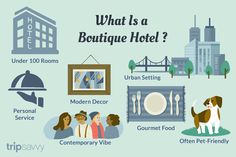 what is a boutique hotel? infographical poster with cartoon characters and information about it