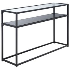 a black metal and glass console table with two shelves on one side, against a white background