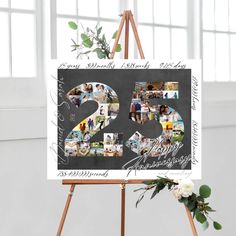 an easel with a photo collage on it and the number twenty five surrounded by photos