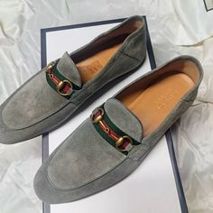 These Gucci Moccasin Leather Suede Loafers Are Perfect For Any Casual Occasion. The Slip-On Closure And Solid Pattern Make Them Easy To Wear And Match With Any Outfit. The Gray Color Adds A Touch Of Sophistication, While The Leather Lining, Upper Material, And Insole Material Ensure Comfort. Made In Italy, These Shoes Are A High-Quality Addition To Any Wardrobe. Good Condition Some Discolorations Gucci Leather Slip-on Loafers, Gucci Slip-on Loafers With Round Toe, Gucci Leather Round Toe Shoes For Galas, Gucci Leather Shoes With Round Toe For Galas, Gucci Leather Shoes With Round Toe, Gucci Leather Shoes For Galas With Round Toe, Gucci Designer Leather Shoes With Round Toe, Designer Suede Loafers With Flat Heel, Designer Moccasins With Leather Sole And Round Toe