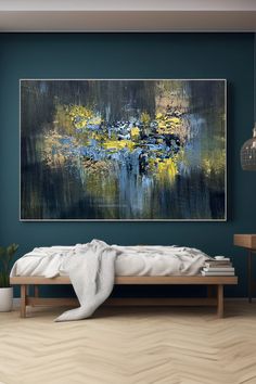 Abstract painting with deep blue background and golden accents, original handmade acrylic artwork on canvas Blue And Gold Wall Art, Handmade Paint, Gold Wall Art, Contemporary Interiors, Gold Wall, Blue And Gold, Abstract Wall, Contemporary Interior, Art Original