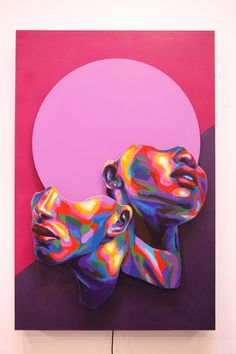 an abstract painting of two people in front of a pink and purple background with the sun behind them