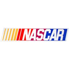 the nascar logo is shown in red, yellow and blue on a white background with an orange stripe